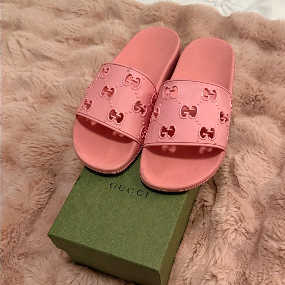 Gucci Coral Pink Embossed Slides